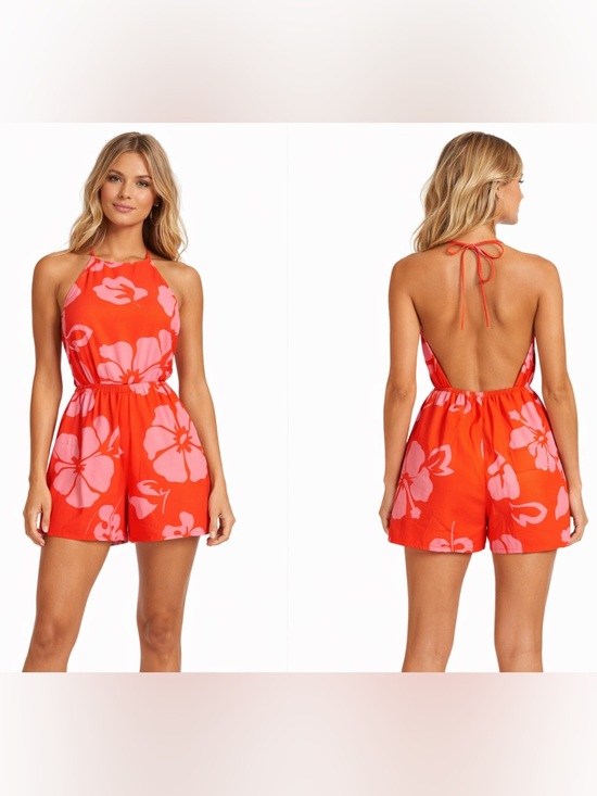 STAUD Dresses & Skirts - STAUD Georgia Floral Romper Red Pink Tropical Halter Cutout Resort Summer Size 8